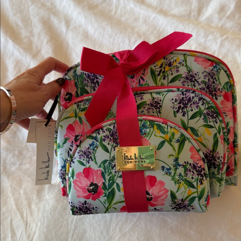 Nicole Miller Floral Cosmetic Bag Set with Pink Accents